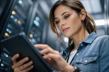 Female IT Specialist Using Tablet In Data Center.
Focused female technician checks system data on a tablet while standing between server racks in a modern data center environment with cool blue light.