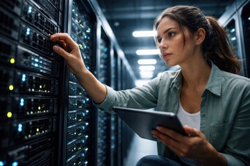 Female Technician Inspecting Servers In Modern Data Center.
Professional woman holding a tablet while adjusting server equipment in a high-tech data center corridor, representing IT maintenance.
