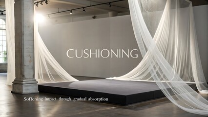 Elegant exhibition space with draped fabric and minimalist design.