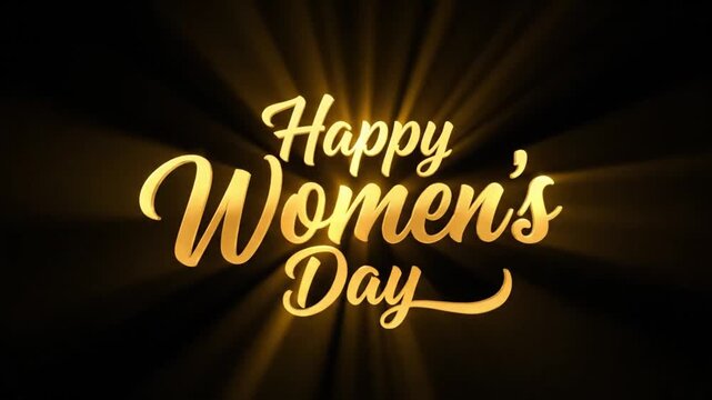 A beautiful and elegant Happy Womens Day animation with golden script text and light rays, creating a festive and empowering greeting video