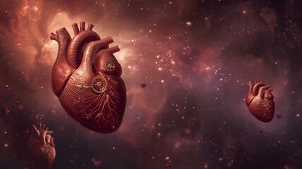 Surreal Valentine's Day 2026 art with mechanical anatomical hearts, cosmic nebula background. Perfect for medical fantasy content, steampunk Valentine campaigns, creative heart symbolism designs.