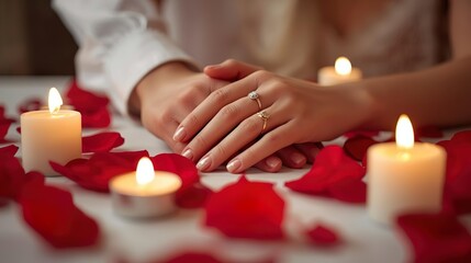 Intimate Valentine's Day 2026 moment with couple holding hands, engagement ring, red rose petals, glowing candles. Perfect for proposal stories, wedding marketing, romantic celebrations.