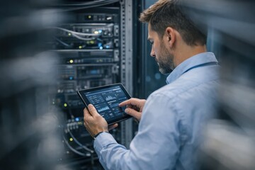 IT Engineer Using Tablet In Modern Data Center.
Male technician checks server status on a digital tablet inside a secure data center, monitoring infrastructure, performance, and network operations.