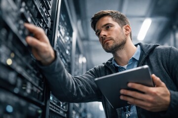 IT Engineer Using Tablet In Modern Data Center.
Male technician checks server status on a digital tablet inside a secure data center, monitoring infrastructure, performance, and network operations.