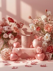Elegant Valentine's Day 2026 scene with love candle, pink roses, white flowers, hearts on pedestal. Ideal for romantic campaigns, greeting cards, gift branding, celebration marketing visuals.
