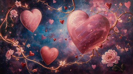 Enchanting Valentine's Day 2026 fantasy with floating hearts, roses, cosmic galaxy background. Perfect for romantic campaigns, magical love stories, Valentine greeting cards, dreamlike content.