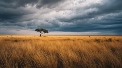 Dramatic savannah landscape with lone tree under stormy sky
