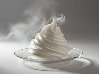 Dynamic soft serve ice cream swirl with artistic motion blur effect on elegant plate. Perfect for Cloud Dancer 2026 dessert concepts, abstract food photography, minimalist culinary branding art.