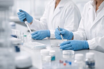 Scientists Conducting Laboratory Research With Pipettes And Test Tubes.
Researchers in protective gloves perform precise liquid handling with pipettes and samples in a modern laboratory.