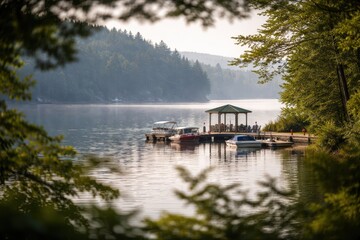 Fototapeta premium Peaceful Lake Marina Surrounded By Forest And Summer Nature. A tranquil lakeside scene with small boats, wooden piers, clear water, and green trees creating a calm vacation atmosphere for rest.
