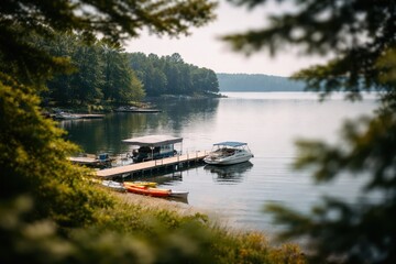 Obraz premium Peaceful Lake Marina Surrounded By Forest And Summer Nature. A tranquil lakeside scene with small boats, wooden piers, clear water, and green trees creating a calm vacation atmosphere for rest.