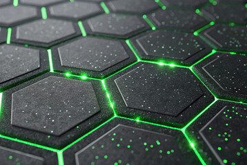 Futuristic Hexagonal Grid with Glowing Green Connections and Textured Surface.