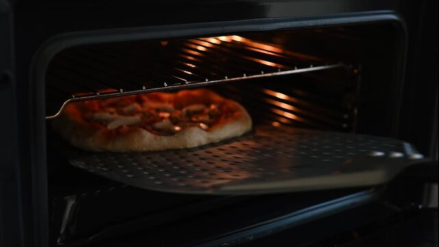 Pizza casera de mozzarella y aceitunas verdes siendo introducida en el horno con una pala de pizzero met&aacute;lica. Concepto de cocina casera y proceso culinario.