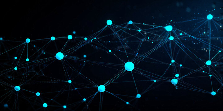Abstract Technology Mesh Background with Glowing Blue Network Nodes and Interconnected Lines Depicting Blockchain Networks, Data Connectivity, and Futuristic Digital Communication on a Sleek Dark Grad