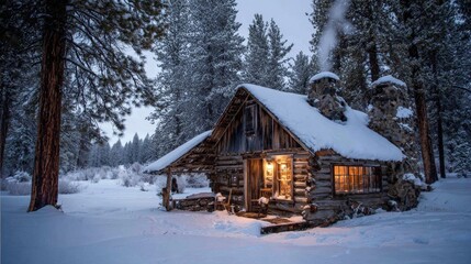 A cozy wooden cabin nestled in a snowy forest, warm light glowing from the windows, smoke rising from the chimney, surrounded by tall pine trees under a winter sky.