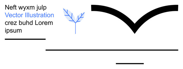 Abstract design, branding materials, minimal art, creative layouts, modern concepts, digital aesthetics. Black lines with a blue leaf and placeholder text. Minimal art and branding materials concept