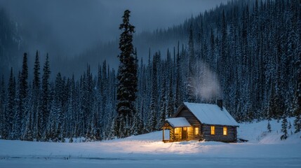 A cozy wooden cabin glows warmly in a snow-covered forest at dusk, with smoke rising from the chimney and tall pine trees surrounding it.