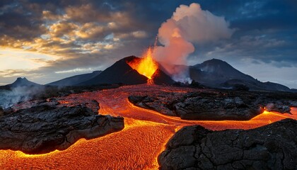 Volcano Erupting Lava Flows Across Cracked Earth Dramatic Sky