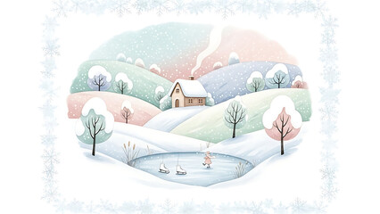 Winter landscape with house and ice skater isolated on a transparent background