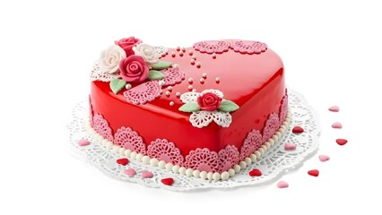 Naklejka premium Heart Cake Red Glaze Romantic Celebration Dessert With Roses And Lace Decoration