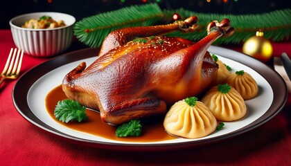 Knusprig Gebratene Ente Mit Goldbrauner Haut Serviettenknodeln Und Bratensosse N Festliches Weihnachtsgericht Auf Dem Teller