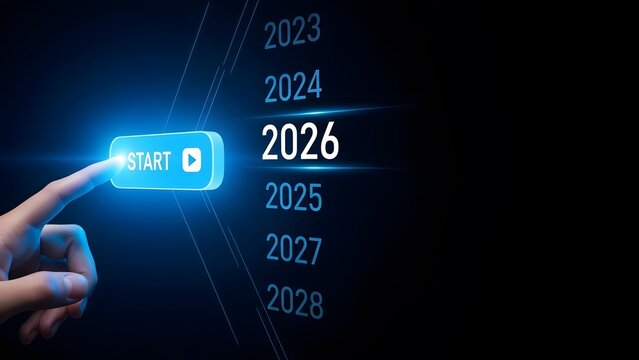 Hand pressing START button for year 2026 on digital screen, blue glow... - Powered by Adobe
