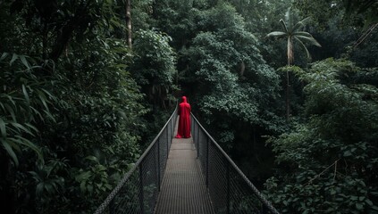 Person in Red Standing on a Bridge Surrounded by Trees in a Dense Forest During Daytime
