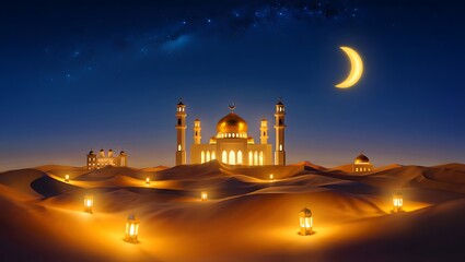 Obraz premium A glowing mosque in the desert with lanterns and a crescent moon in the night sky serene islamic architecture