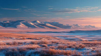 Snowy mountain range at serene sunset with frozen landscape