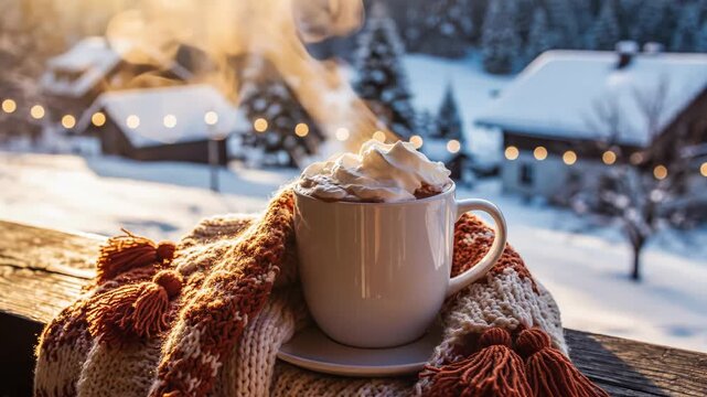 Hot chocolate with whipped cream on a wooden railing with a snowy village in the background at sunset 4k video