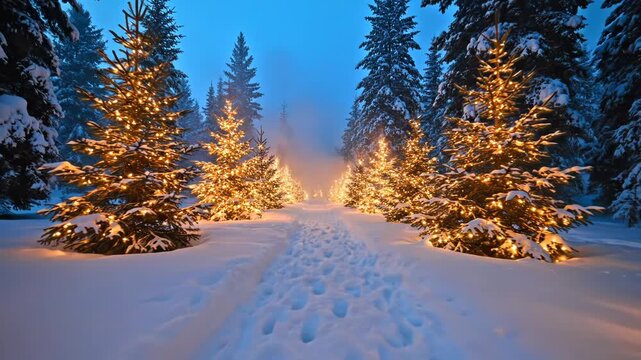 Snowy path with footprints and illuminated evergreen trees on a winter night with a blue sky 4k video