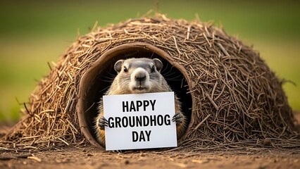 Groundhog in a cozy burrow on groundhog day with a festive sign
