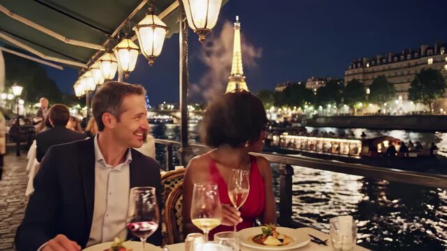 Romantic dinner on a parisian terrace at night with the eiffel tower in the background