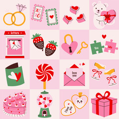 Valentine day banner. Abstract romantic love heart geometric shape pattern, creative minimalist love celebration invitation poster design in retro style. Vector background