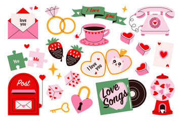 Valentine day love stickers. Cute romantic scrapbooking elements for greeting card, heart shapes for wedding decoration invitation poster design, cartoon patch badges. Vector set