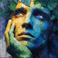 Colorful Abstract Portrait of a Contemplative Face with Leaf Elements