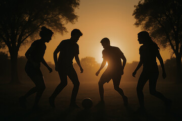 Silhouette of Young Friends Playing Soccer in Park at Golden Hour Sunset