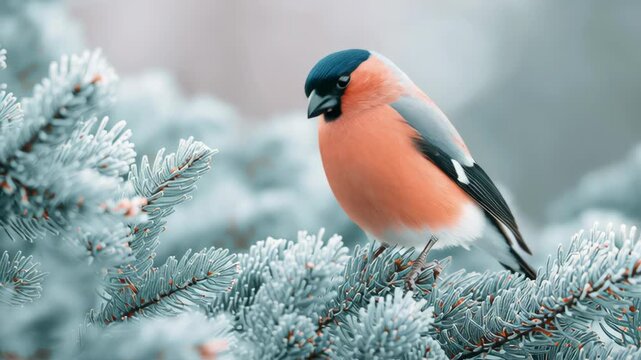 Bullfinch perched on frosty evergreen branches in winter forest, soft pastel light highlighting bright feathers, peaceful wildlife scene with seasonal calm mood