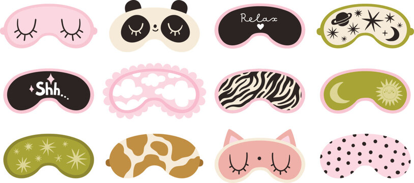 Sleep mask. Different sleeping masks for comfortable sleeping with lettering relax, shh... Trendy cute dopamine masks set, modern collection. For social media, stickers, design.