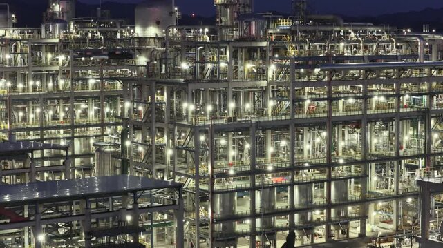 Large Industrial Oil Refinery Complex at Night - Aerial Photograph