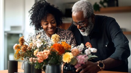 Couple arranging colorful flowers in a cozy home setting together