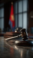 Obraz premium Gavel and Sanction Blocks with Myanmar Flag in Newsroom Setting