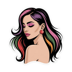 Colorful illustration of a woman with multicolored hair and pink makeup transparent background