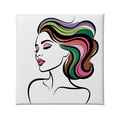 Multicolored hair illustration of a woman with closed eyes and pink lips transparent background