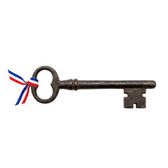 Vintage iron key with French tricolor ribbon isolated on black