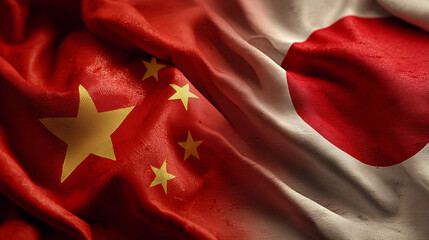 chinese flag waving next to japanese flag. relations between china and japan