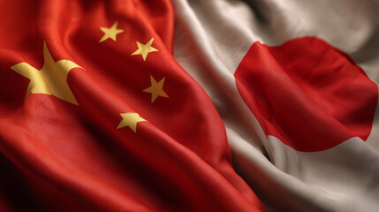 chinese flag waving next to japanese flag. relations between china and japan