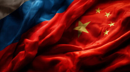 chinese flag waving next to russian flag. relations between china and russia
