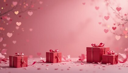 Red gift boxes, heart bokeh lights, and confetti on pink background. Romantic setting for Valentine's Day, anniversaries, celebrations, and festive greetings.