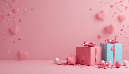 Romantic celebration concept with gift boxes and floating hearts on pink background with copy space for Valentine's Day marketing.